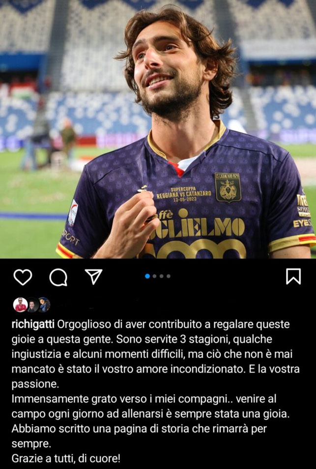 Gatti: “Orgoglioso di aver contributo a regalare queste gioie alla tifoseria del Catanzaro” 1 Gatti Post Gatti: “Orgoglioso di aver contributo a regalare queste gioie alla tifoseria del Catanzaro”