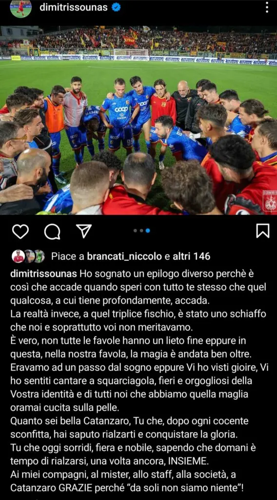 Sounas: " Ho sognato un epilogo diverso. Ai miei compagni, al mister, allo staff, alla società, a Catanzaro grazie perché da soli non siamo niente" 1 IMG 20240527 194018 Sounas: " Ho sognato un epilogo diverso. Ai miei compagni, al mister, allo staff, alla società, a Catanzaro grazie perché da soli non siamo niente"