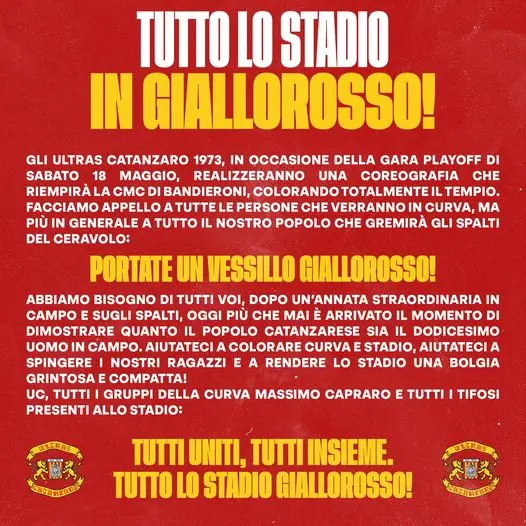 Catanzaro - Brescia, l'appello degli Ultras Catanzaro: "Coloriamo di giallorosso il "Ceravolo" 1 Ultras Catanzaro comunicato Catanzaro - Brescia, l'appello degli Ultras Catanzaro: "Coloriamo di giallorosso il "Ceravolo"
