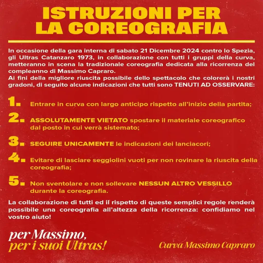 Massimo Capraro, la “Ovest” ricorda la sua figura con una coreografia in occasione di Catanzaro-Spezia 1 Coreografia Massimo Capraro, la “Ovest” ricorda la sua figura con una coreografia in occasione di Catanzaro-Spezia